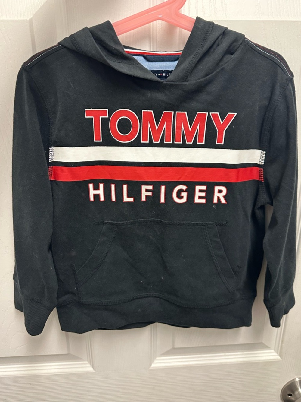 Tommy Hilfiger Black Hoodie with Red and White Stripes